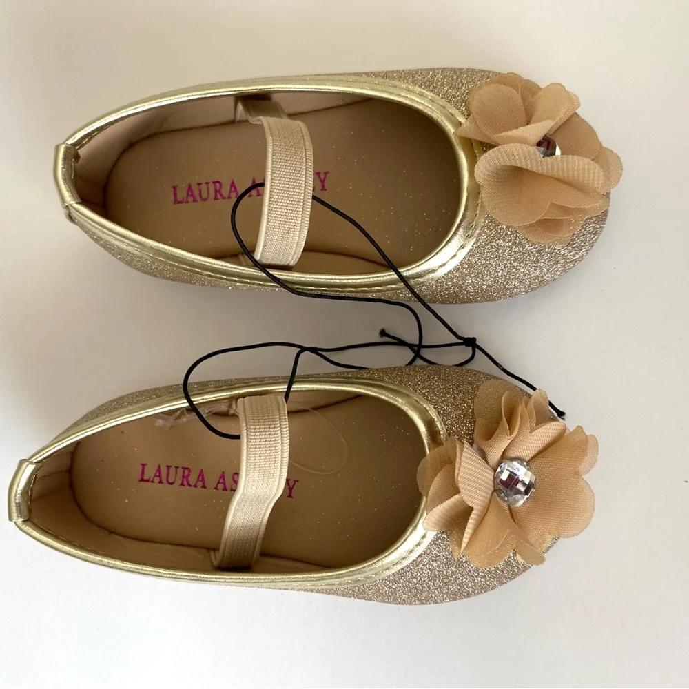 Laura Ashley Flower Dress Shoe Gold Infant 9-12 Months Sparkly Glitter Dressy